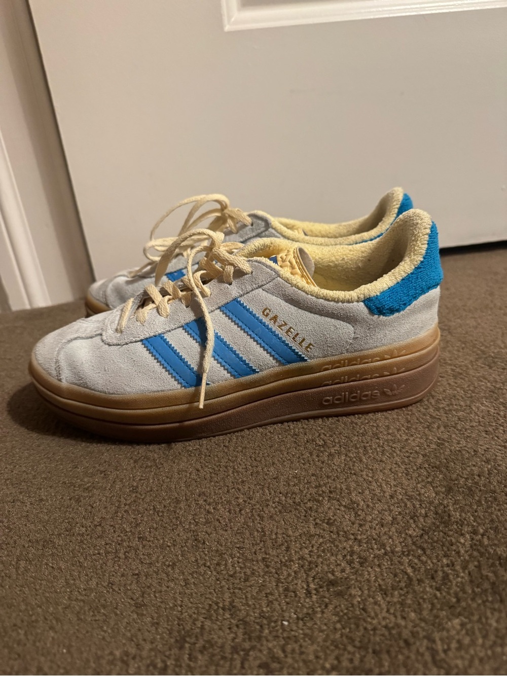 adidas' Gazelle Suede Sneakers in Light Blue & yellow